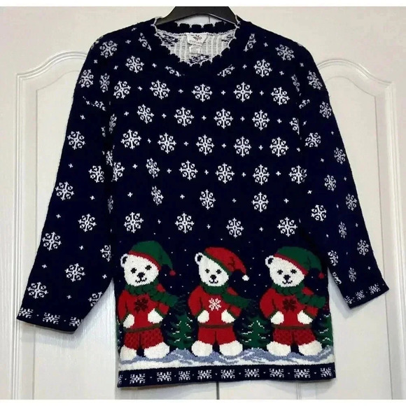 Nut Cracker‎ Polar Bears in the Snow Christmas Sweater Women’s Size Large Blue - Picture 1 of 7